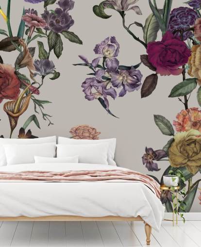beige customizable floral wall mural called Large Garden Blooms Light Beige by Karina Eibatova