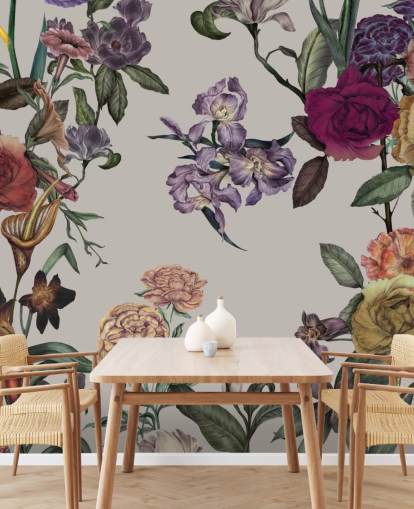 fresque murale florale personnalisable beige appelée Large Garden Blooms Light Beige par Karina Eibatova