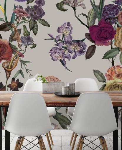 beige tilpasselig blomstervægmaleri kaldet Large Garden Blooms Light Beige af Karina Eibatova