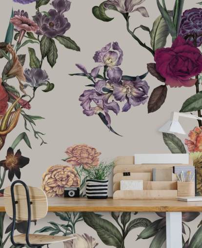 beige customisable floral wall mural called Large Garden Blooms Light Beige by Karina Eibatova