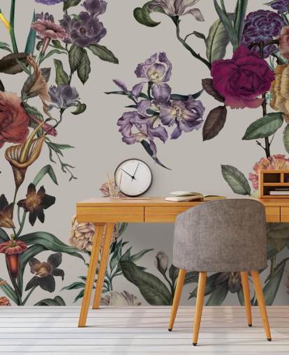 mural de pared floral personalizable de color beige llamado Large Garden Blooms Light Beige de Karina Eibatova