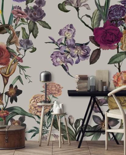 beige aanpasbare bloemenmuurschildering genaamd Large Garden Blooms Light Beige van Karina Eibatova