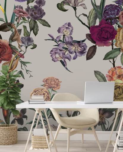 mural de pared floral personalizable de color beige llamado Large Garden Blooms Light Beige de Karina Eibatova