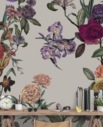 beige customisable floral wall mural called Large Garden Blooms Light Beige by Karina Eibatova