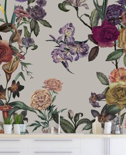 beige customisable floral wall mural called Large Garden Blooms Light Beige by Karina Eibatova