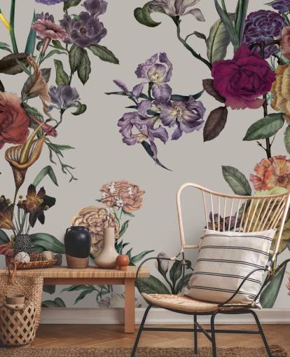 murale floreale beige personalizzabile chiamato Large Garden Blooms Light Beige di Karina Eibatova