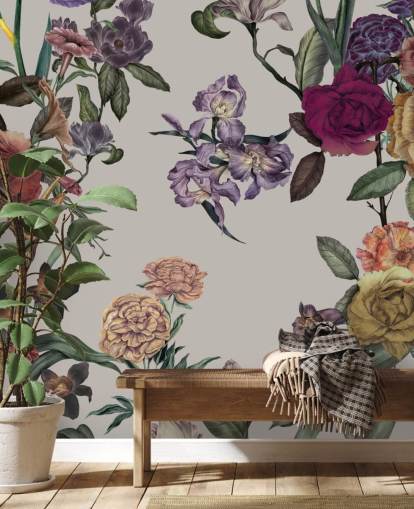 mural de pared floral personalizable de color beige llamado Large Garden Blooms Light Beige de Karina Eibatova