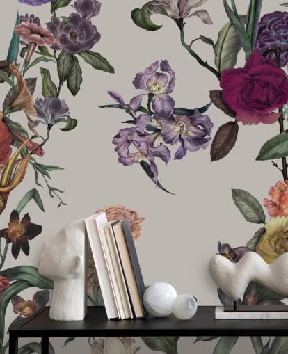 mural de pared floral personalizable de color beige llamado Large Garden Blooms Light Beige de Karina Eibatova