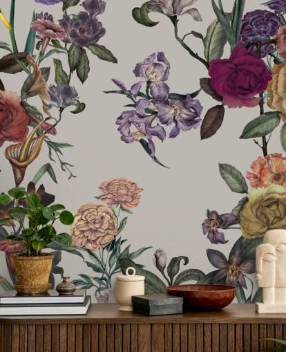 beige anpassningsbar blommig väggmålning kallad Large Garden Blooms Light Beige av Karina Eibatova