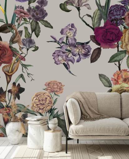 beige aanpasbare bloemenmuurschildering genaamd Large Garden Blooms Light Beige van Karina Eibatova