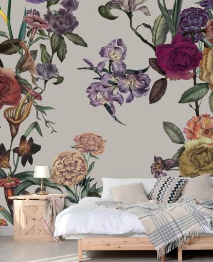 fresque murale florale personnalisable beige appelée Large Garden Blooms Light Beige par Karina Eibatova