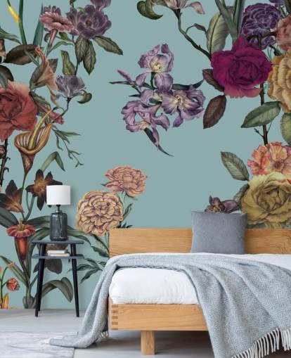 mint custom floral wall mural called Large Garden Blooms Mint by Karina Eibatova for bedrooms, bathrooms and living rooms