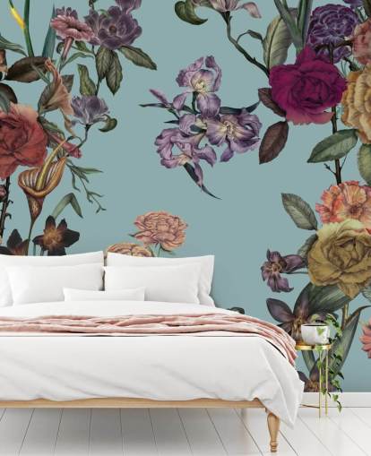 Mintfarbenes, maßgeschneidertes Blumenwandbild namens Large Garden Blooms Mint von Karina Eibatova für Schlafzimmer, Badezimmer und Wohnzimmer