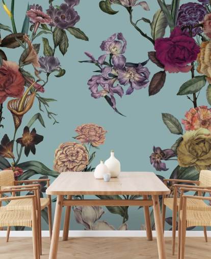 mural de pared floral personalizado de menta llamado Large Garden Blooms Mint de Karina Eibatova para dormitorios, baños y salas de estar