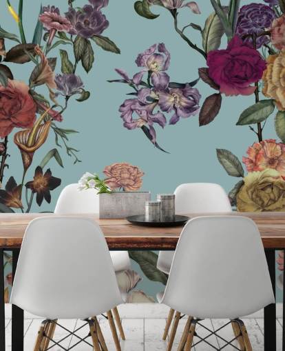 mural de pared floral personalizado de menta llamado Large Garden Blooms Mint de Karina Eibatova para dormitorios, baños y salas de estar