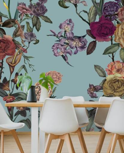 mural de pared floral personalizado de menta llamado Large Garden Blooms Mint de Karina Eibatova para dormitorios, baños y salas de estar