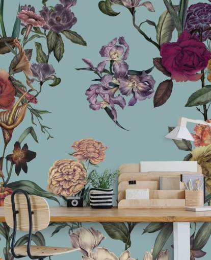 mynttilpasset blomsterveggmaleri kalt Large Garden Blooms Mint av Karina Eibatova for soverom, bad og stuer