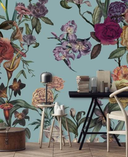 murale floreale personalizzato color menta chiamato Large Garden Blooms Mint di Karina Eibatova per camere da letto, bagni e salotti murale floreale personalizzato color menta chiamato Large Garden Blooms Mint di Karina Eibatova per camere da letto, bagni e salotti