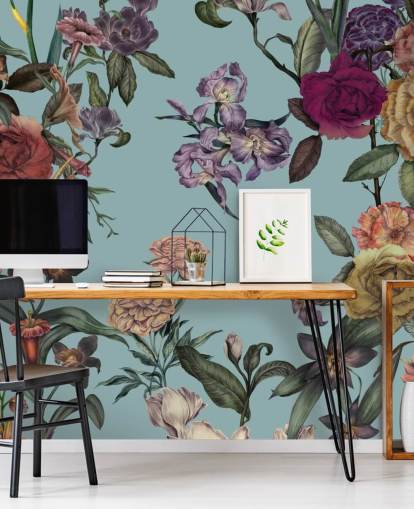 mint custom floral wall mural called Large Garden Blooms Mint by Karina Eibatova for bedrooms, bathrooms and living rooms