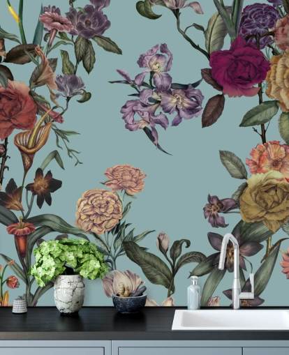 mynttilpasset blomsterveggmaleri kalt Large Garden Blooms Mint av Karina Eibatova for soverom, bad og stuer