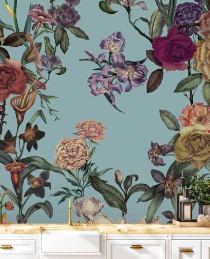 peinture murale florale personnalisée à la menthe appelée Large Garden Blooms Mint par Karina Eibatova pour les chambres, les salles de bain et les salons