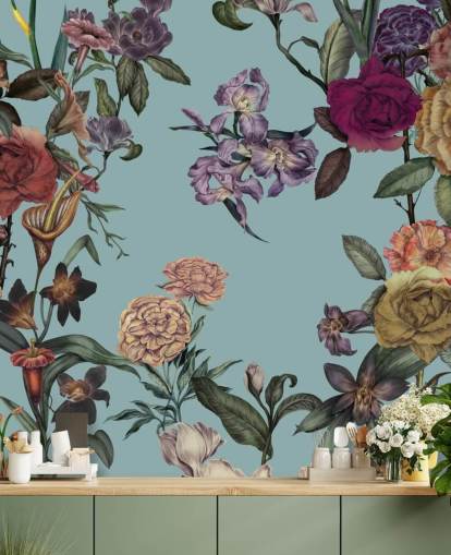 mint custom floral wall mural called Large Garden Blooms Mint by Karina Eibatova for bedrooms, bathrooms and living rooms
