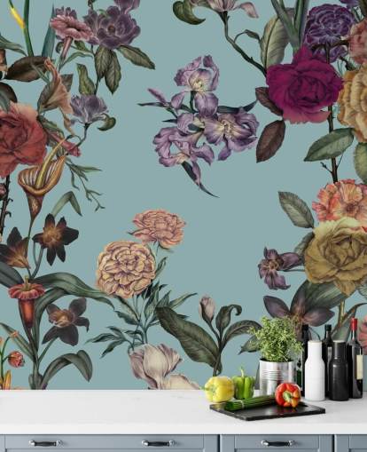 peinture murale florale personnalisée à la menthe appelée Large Garden Blooms Mint par Karina Eibatova pour les chambres, les salles de bain et les salons