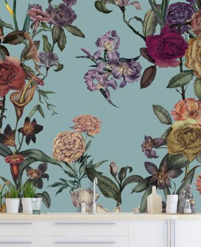 peinture murale florale personnalisée à la menthe appelée Large Garden Blooms Mint par Karina Eibatova pour les chambres, les salles de bain et les salons
