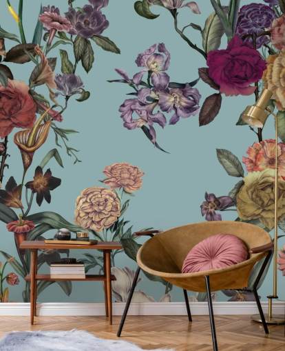 mint custom floral wall mural called Large Garden Blooms Mint by Karina Eibatova for bedrooms, bathrooms and living rooms