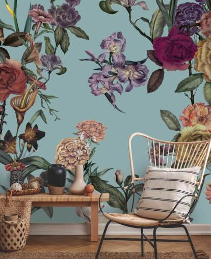 mint custom floral wall mural called Large Garden Blooms Mint by Karina Eibatova for bedrooms, bathrooms and living rooms