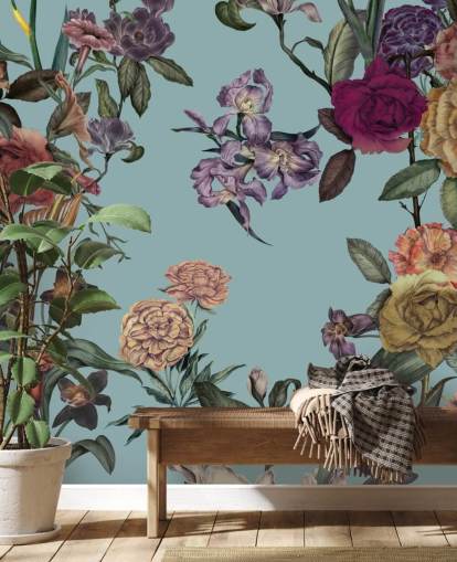 mural de pared floral personalizado de menta llamado Large Garden Blooms Mint de Karina Eibatova para dormitorios, baños y salas de estar mural de pared floral personalizado de menta llamado Large Garden Blooms Mint de Karina Eibatova para dormitorios, baños y salas de estar