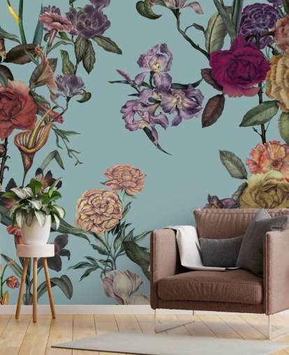 Mintfarbenes, maßgeschneidertes Blumenwandbild namens Large Garden Blooms Mint von Karina Eibatova für Schlafzimmer, Badezimmer und Wohnzimmer