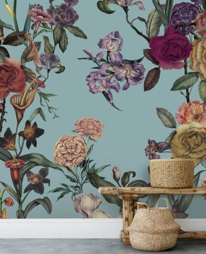 mint custom floral wall mural called Large Garden Blooms Mint by Karina Eibatova for bedrooms, bathrooms and living rooms