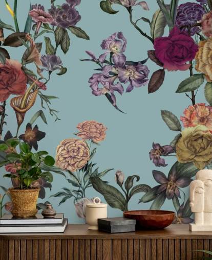 mint op maat gemaakte bloemenmuurschildering genaamd Large Garden Blooms Mint van Karina Eibatova voor slaapkamers, badkamers en woonkamers