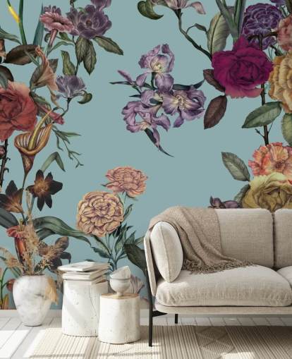 mint custom floral wall mural called Large Garden Blooms Mint by Karina Eibatova for bedrooms, bathrooms and living rooms mint custom floral wall mural called Large Garden Blooms Mint by Karina Eibatova for bedrooms, bathrooms and living rooms