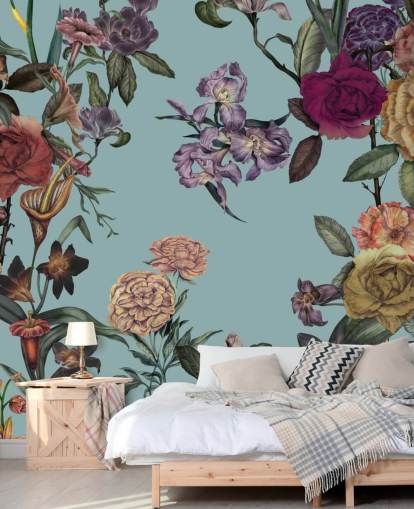 mural de parede floral personalizado em menta chamado Large Garden Blooms Mint de Karina Eibatova para quartos, banheiros e salas de estar mural de parede floral personalizado em menta chamado Large Garden Blooms Mint de Karina Eibatova para quartos, banheiros e salas de estar