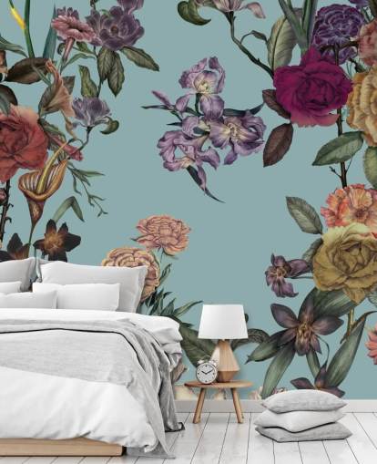 mural de pared floral personalizado de menta llamado Large Garden Blooms Mint de Karina Eibatova para dormitorios, baños y salas de estar