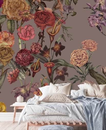 mural de papel pintado floral grande personalizado llamado Large Garden Blooms Mocha de Karina Eibatova mural de papel pintado floral grande personalizado llamado Large Garden Blooms Mocha de Karina Eibatova