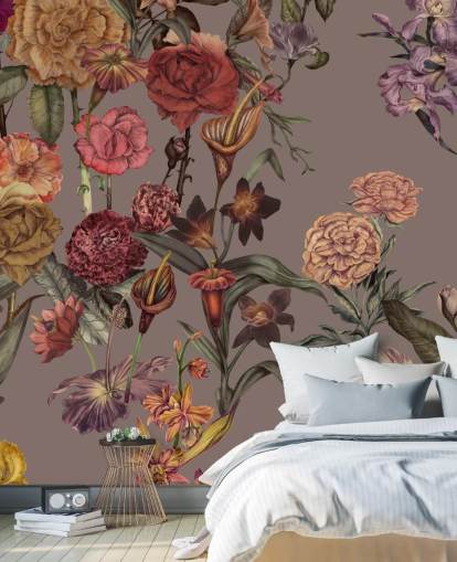 brugerdefineret stort blomstertapet vægmaleri kaldet Large Garden Blooms Mocha af Karina Eibatova brugerdefineret stort blomstertapet vægmaleri kaldet Large Garden Blooms Mocha af Karina Eibatova