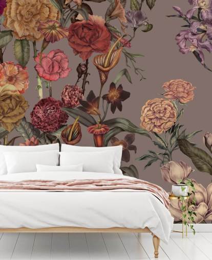 anpassad stor blommig tapetväggmålning kallad Large Garden Blooms Mocha av Karina Eibatova