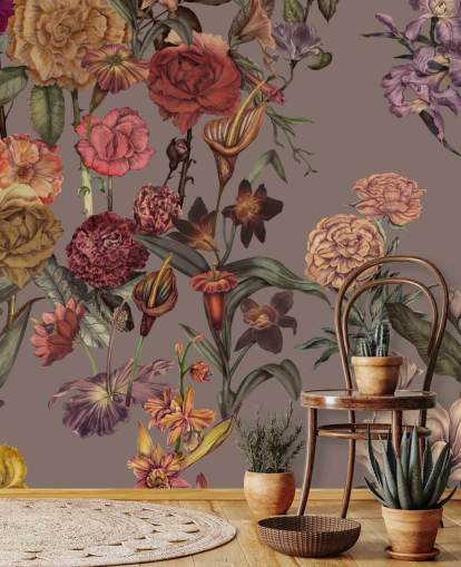 kundenspezifisches großes Blumentapetenwandbild namens Large Garden Blooms Mocha von Karina Eibatova