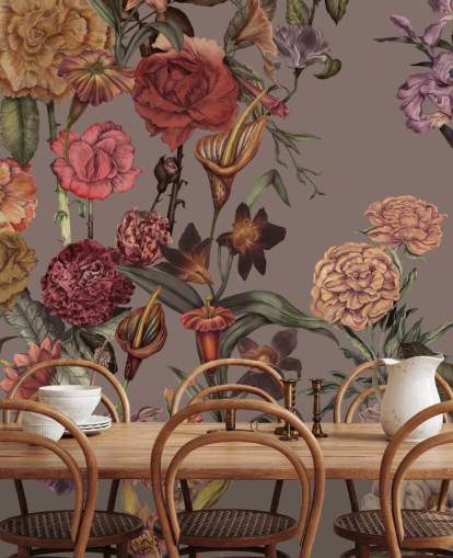 kundenspezifisches großes Blumentapetenwandbild namens Large Garden Blooms Mocha von Karina Eibatova kundenspezifisches großes Blumentapetenwandbild namens Large Garden Blooms Mocha von Karina Eibatova