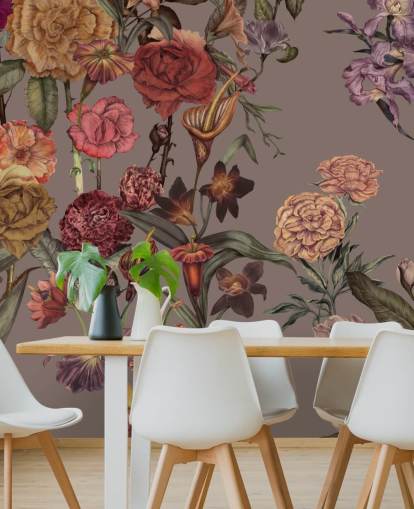 anpassad stor blommig tapetväggmålning kallad Large Garden Blooms Mocha av Karina Eibatova