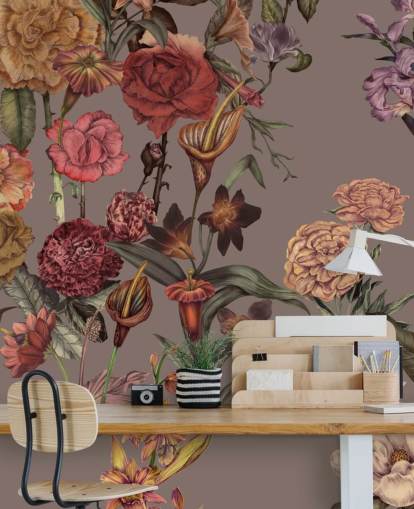 grande carta da parati floreale personalizzata chiamata Large Garden Blooms Mocha di Karina Eibatova