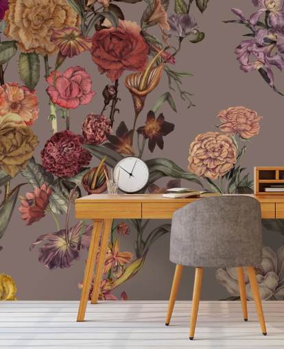 brugerdefineret stort blomstertapet vægmaleri kaldet Large Garden Blooms Mocha af Karina Eibatova