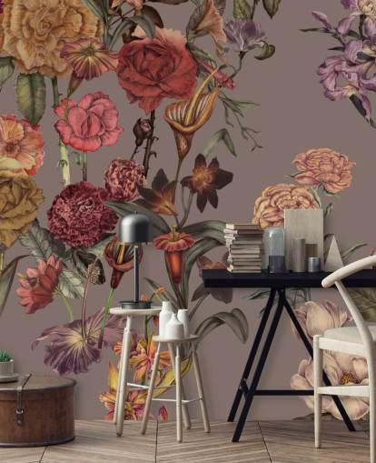 mural de papel pintado floral grande personalizado llamado Large Garden Blooms Mocha de Karina Eibatova