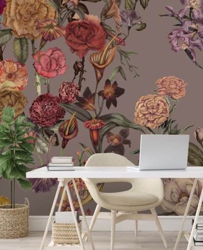anpassad stor blommig tapetväggmålning kallad Large Garden Blooms Mocha av Karina Eibatova