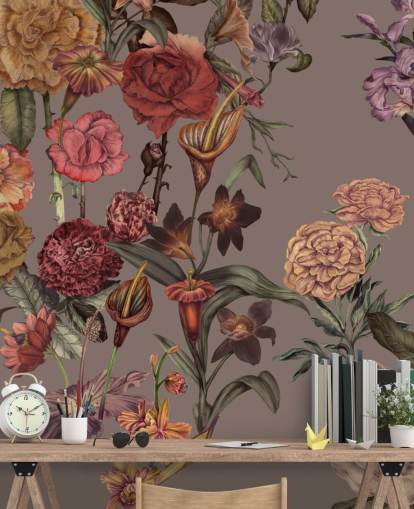 mural de papel pintado floral grande personalizado llamado Large Garden Blooms Mocha de Karina Eibatova mural de papel pintado floral grande personalizado llamado Large Garden Blooms Mocha de Karina Eibatova