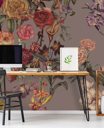 custom large floral wallpaper mural called Large Garden Blooms Mocha by Karina Eibatova