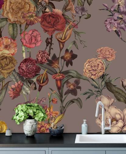 custom large floral wallpaper mural called Large Garden Blooms Mocha by Karina Eibatova custom large floral wallpaper mural called Large Garden Blooms Mocha by Karina Eibatova